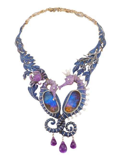 LydiaCourteille seahorse necklace opals blue