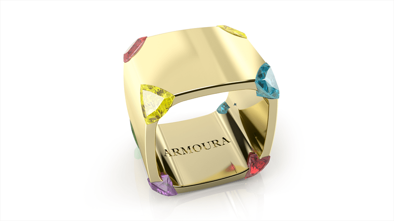 StuartMcGrathTrilliant ring 18ct yellow with coloured sapphires and rubies